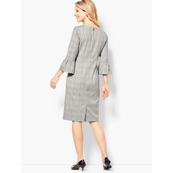 Talbots Size 12 Flare Sleeve Sheath Dress Black Houndstooth Plaid Modest Career - Picture 2 of 11